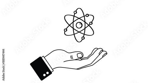 A hand holding an atom illustration symbolizing scientific knowledge and innovation