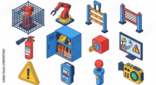 Isometric vector icons of industrial safety equipment, automation, and workplace tools. Essential elements for manufacturing and hazard prevention systems