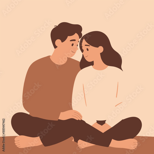 Couple sitting cross legged embracing tenderly simple illustration