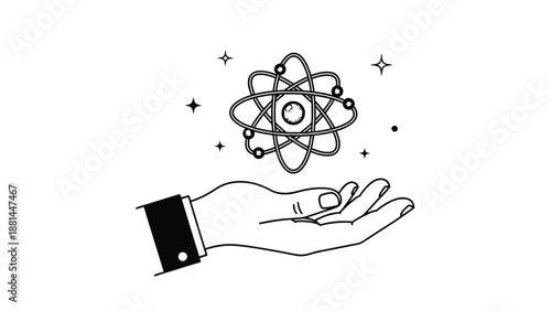 Hand holding a glowing atom model, symbolizing scientific discovery and innovation