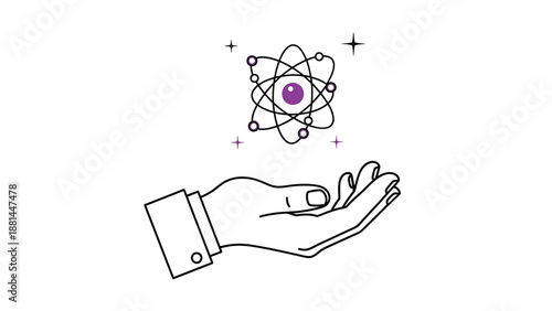 A hand cradling a floating atom with orbiting electrons and sparkling energy