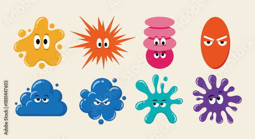 Vibrant set of cartoon emotional blob characters, a playful collection of abstract shapes with expressive eyes illustrating diverse moods and feelings