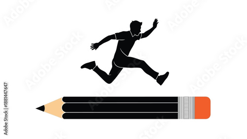 A silhouette of a person leaping over a pencil, symbolizing progress in education and creativity
