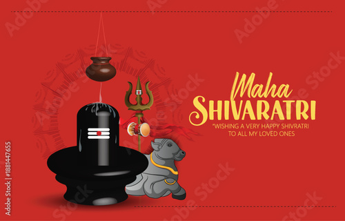 Maha Shivratri, greeting featuring a Shiva lingam silhouette, Damru drum, and trident against a deep red background. Wishing happiness to loved ones during the sacred Hindu festival.