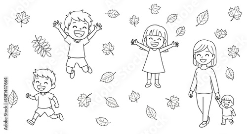 Joyful children and a mother celebrating the vibrant essence of autumn amidst a flurry of falling leaves, perfect for seasonal activities and family fun