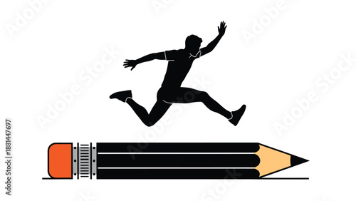 Athlete silhouette jumping over a large pencil symbolizing academic progress and achievement