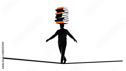 A person balancing a significant stack of books on their head while walking a precarious thin line
