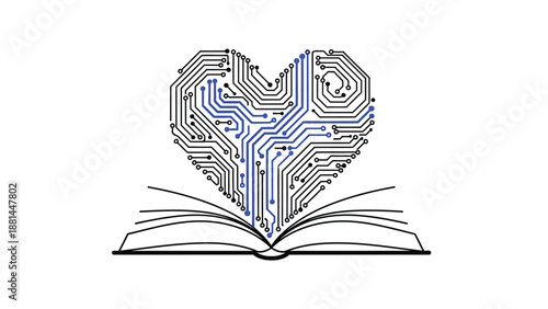 Digital knowledge evolution: a circuit board heart emerging from a traditional open book