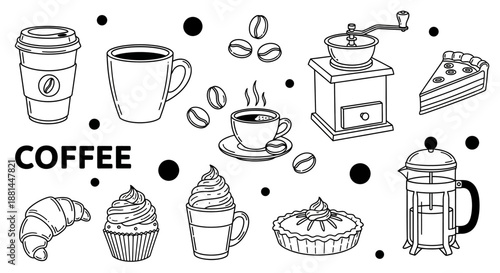 Black and white outline illustrations set featuring coffee drinks, brewing equipment, and delicious pastries, perfect for cafe menus and designs