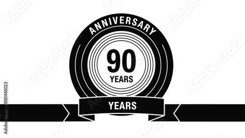 Bold black and white circular anniversary emblem celebrating ninety years with a decorative ribbon at the bottom.