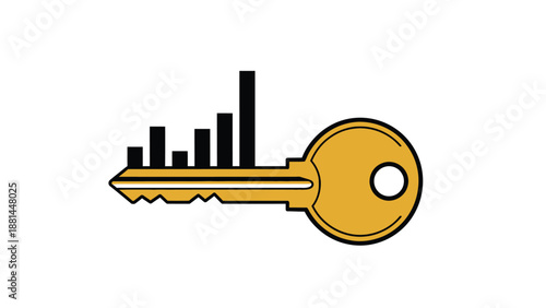Unlocking insights: a golden key with data bar graphs symbolizing business analytics
