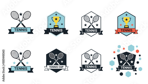Various tennis club and tournament logo designs featuring rackets, balls, trophies, and shields in different color schemes.