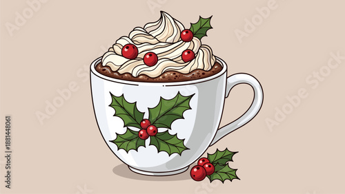 Festive Hot Chocolate with Whipped Cream and Holly Illustration