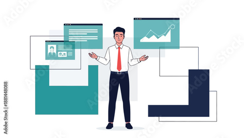 Businessman managing data visualization and analytics on digital screens