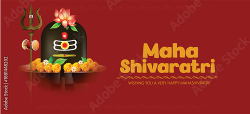 Maha Shivratri, greeting featuring a Shiva lingam silhouette, Damru drum, and trident against a deep red background. Wishing happiness to loved ones during the sacred Hindu festival.