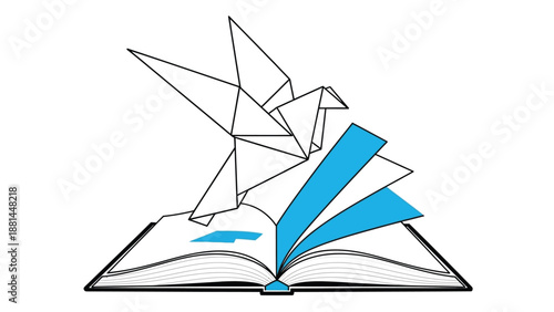 Origami bird taking flight from an open book, a symbol of freedom and wisdom