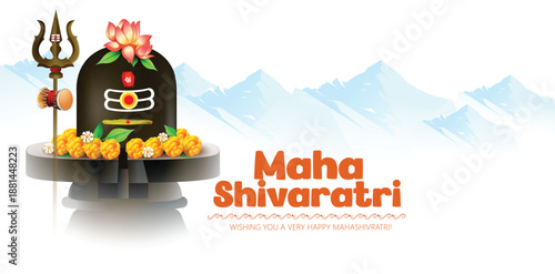 Maha Shivratri, greeting featuring a Shiva lingam silhouette, Damru drum, and trident against a deep red background. Wishing happiness to loved ones during the sacred Hindu festival.