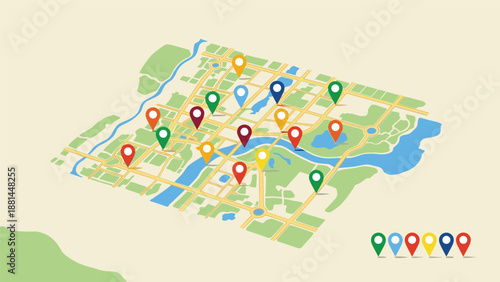 Isometric view of a stylized city map with numerous colorful location pins indicating different points of interest or addresses.