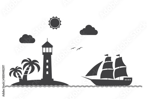 lighthouse tower and ship sailboat icon