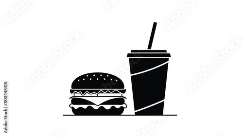 Black silhouette illustration of a cheeseburger and a large soft drink with a straw on a plain white background.