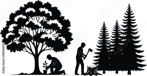 Environmental protection versus deforestation silhouette illustration showing tree planting and logging contrast sustainability conservation nature vector black white concept design