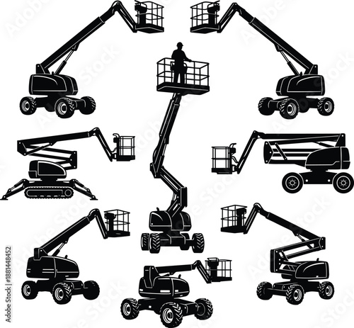 Collection of articulated boom lift silhouettes, aerial work platforms, cherry pickers, industrial construction equipment icons isolated on white background for safety access industry