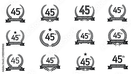 Set of twelve black and white 45th anniversary badges featuring laurel wreaths stars and ribbons in different arrangements.