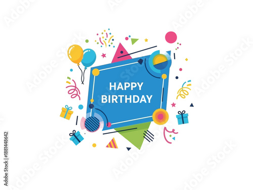 Happy Birthday Celebration with Colorful Confetti and Balloons on a Geometric Background