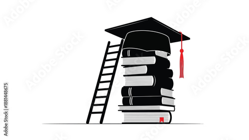Ladder to knowledge and academic achievement symbolised by stacked books and graduation cap