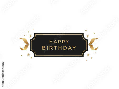 Elegant Black and Gold Happy Birthday banner with festive decorative elements and stars