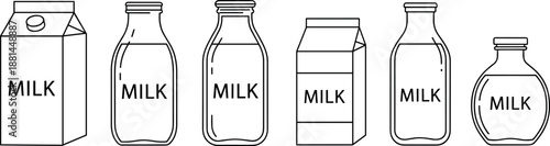 Milk packaging line icon set, bottles and cartons collection, dairy beverage containers illustration isolated on white background