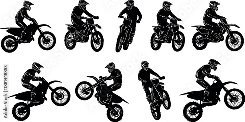 Motocross rider silhouette collection illustration isolated on white background dirt bike stunts extreme sport action stock vector set