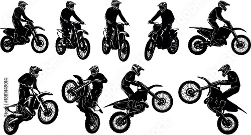 Motocross rider silhouette set illustration isolated on white background extreme sport dirt bike action poses stock vector design