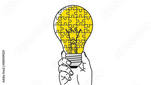 Holding a light bulb made of puzzle pieces, symbolizing problem-solving and innovative thinking
