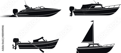Motorboat and sailboat silhouettes set, marine transportation collection, fishing boat, speedboat, yacht icons, black vector illustration isolated