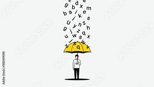 A person protects themselves from a rain of letters under a bright yellow umbrella