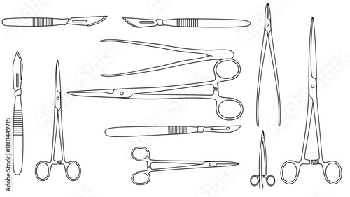 Detailed line drawings of multiple surgical instruments including scalpels scissors and tweezers for medical and healthcare themes.