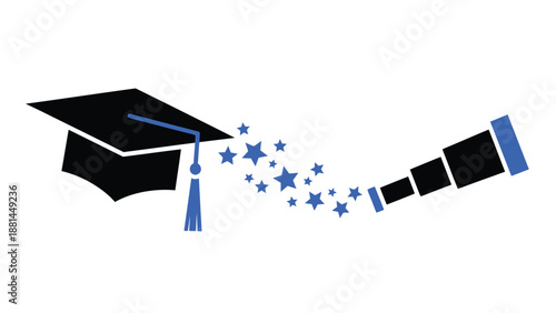 Graduation cap and telescope with stars symbolizing education, learning, and future exploration
