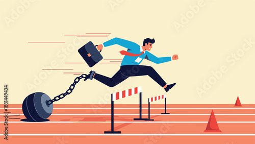 Determined businessman jumping over hurdles on a track while being slowed down by a heavy iron ball and chain on his leg.