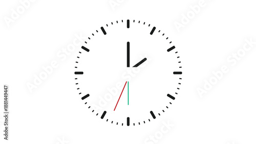 Clean analog clock face showing a specific time with black hour and minute hands and a red second hand on a white background.