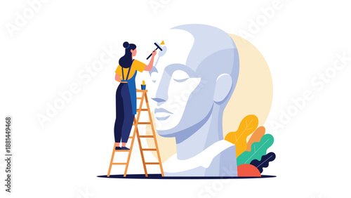 Creative artist standing on a ladder and painting a massive blue head representing human mind and mental health support.