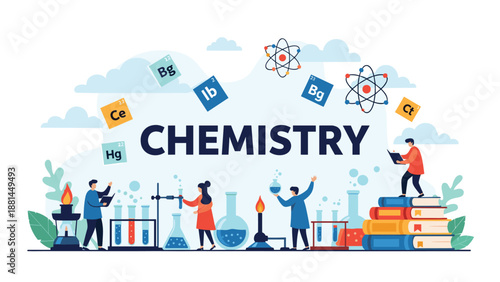 Diverse team of researchers working in a chemistry lab with beakers, test tubes, and colorful chemical elements symbols.