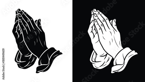 Two hands clasped together in prayer, one in black and white, the other in white on black.