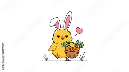 Adorable yellow Easter chick wearing bunny ears and carrying a small wooden basket filled with fresh orange carrots.