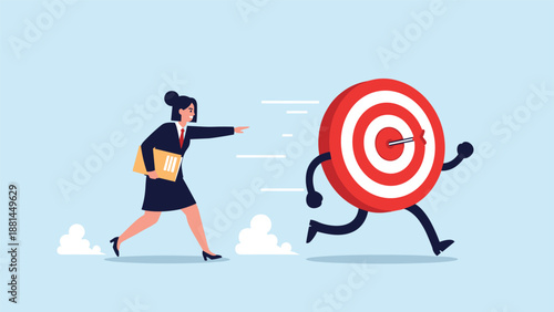 Businesswoman running and reaching out towards a target with legs and arms running away from her on a blue background sky.