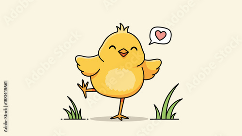 Cheerful yellow Easter chick dancing on one leg in the green grass with a pink heart bubble in the background sky.