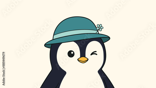 Adorable winking penguin wearing a green hat with a flower decoration on a soft cream colored background for a card.
