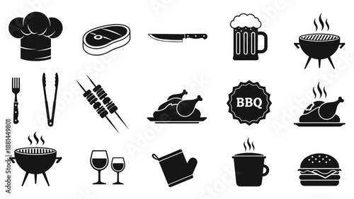 Black icons for a barbecue party including a grill chef hat meat utensils and drinks for summer event planning and menus.
