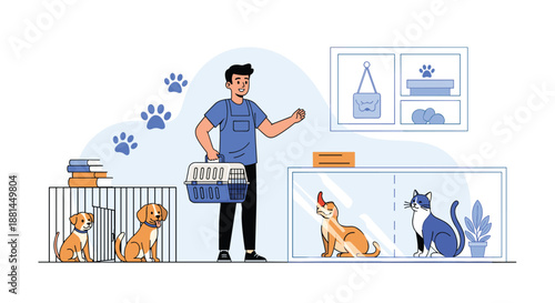 Helpful employee at an animal shelter carries a pet carrier past cages of dogs and cats waiting for adoption in a clean indoor facility.