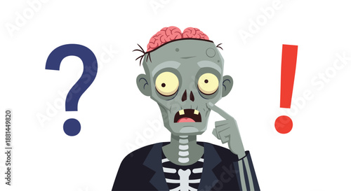 Confused zombie with an exposed brain looks puzzled while standing between a blue question mark and a red exclamation mark on white.